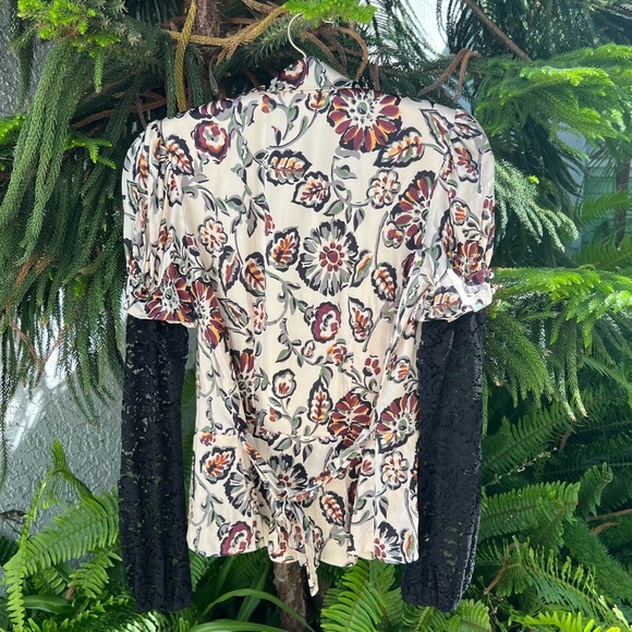 Rodarte White and Burgundy Floral Print Silk Charmeuse Blouse with Collar | FW16 - Picture 4 of 16